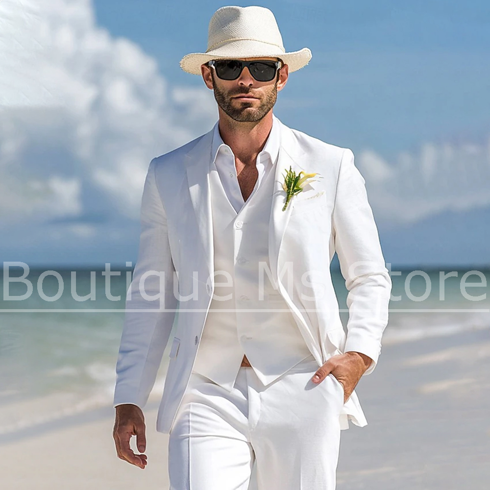 Men Linen Formal Wear - Setelan Linen Putih Pria 3 Potong