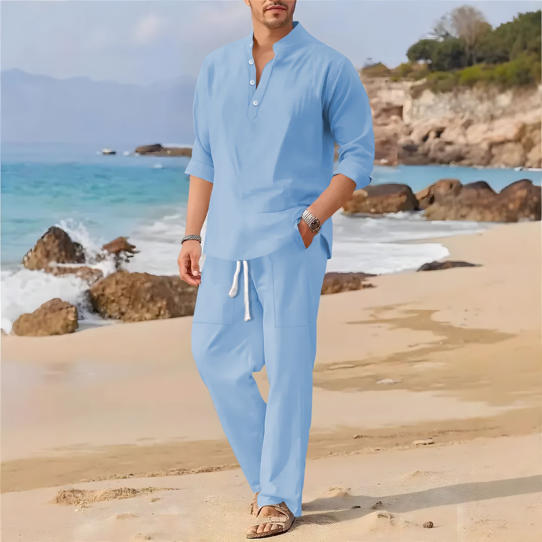 Men'S Formal Beach Wear - Setelan kasual pria berkerah tegak berbahan