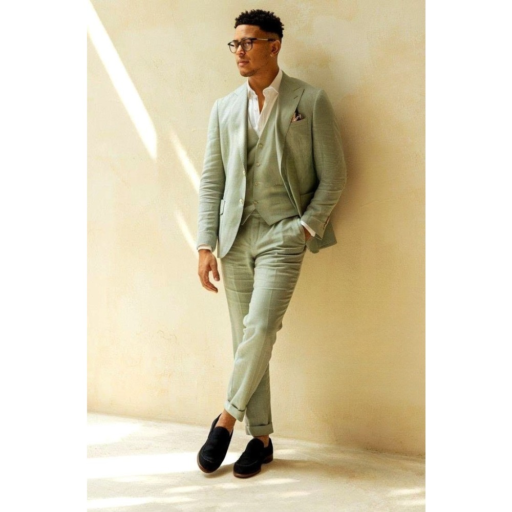 Men Linen Formal Wear - Setelan Jas Linen Hijau Sage 3