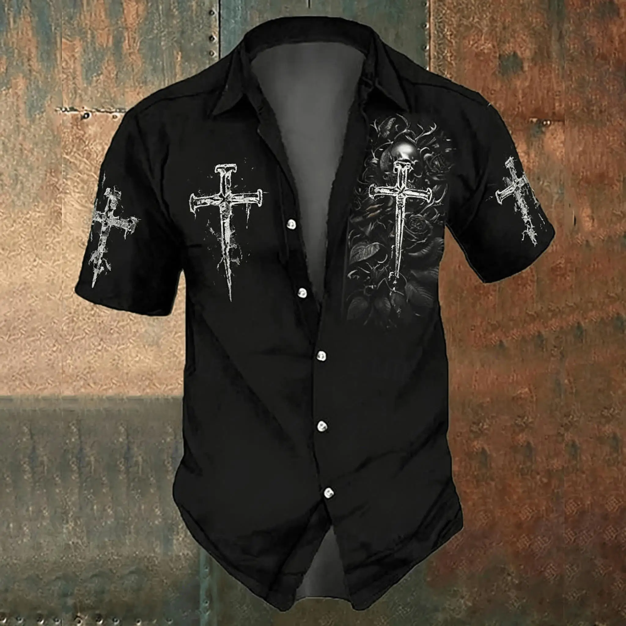 Men'S Gothic Formal Wear - Kemeja kasual pria motif silang warna