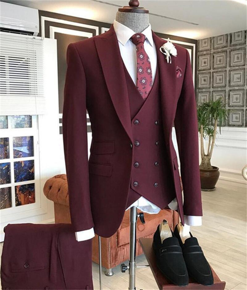 Men Formal Wear With Blazer - 2021 Burgundy Dua Breasted Rompi Kostum