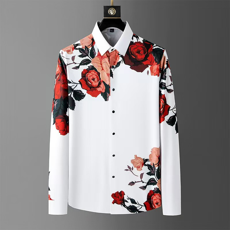 Men Formal Party Wear Dress - Kemeja lengan panjang motif bunga Vintage