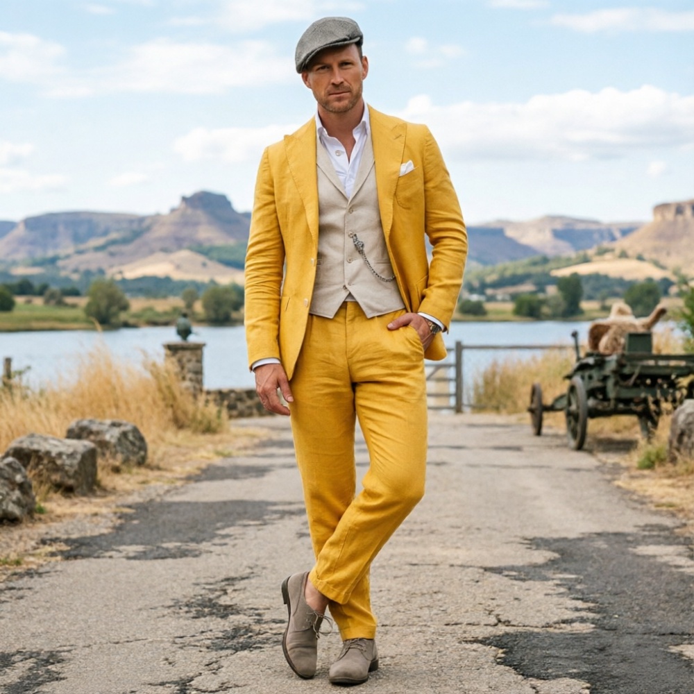 Setelan Jas Pria 3 Potong Warn - Men Linen Formal Wear ulasan dan harga