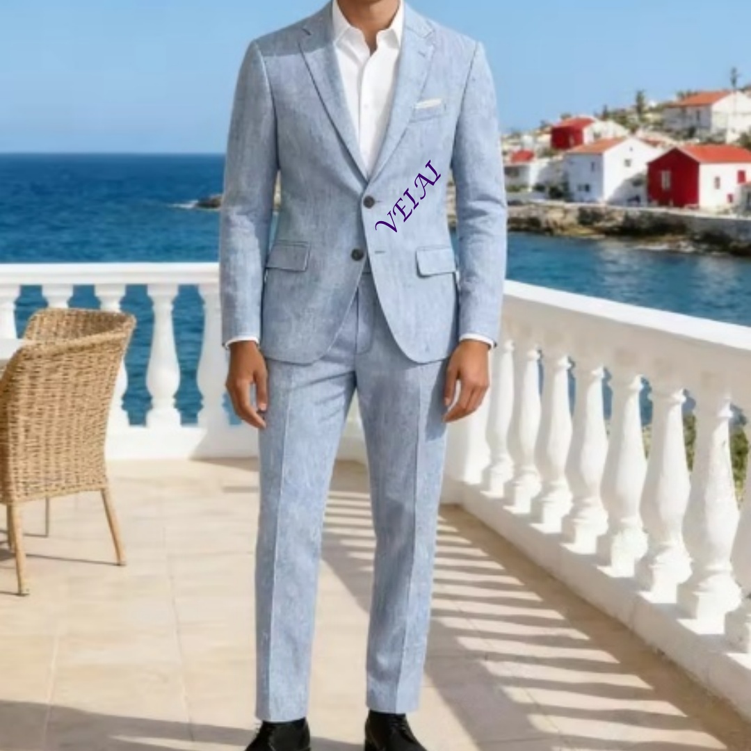 Setelan Jas 2PCS Linen Biru La - Men'S Formal Beach Wear ulasan dan harga