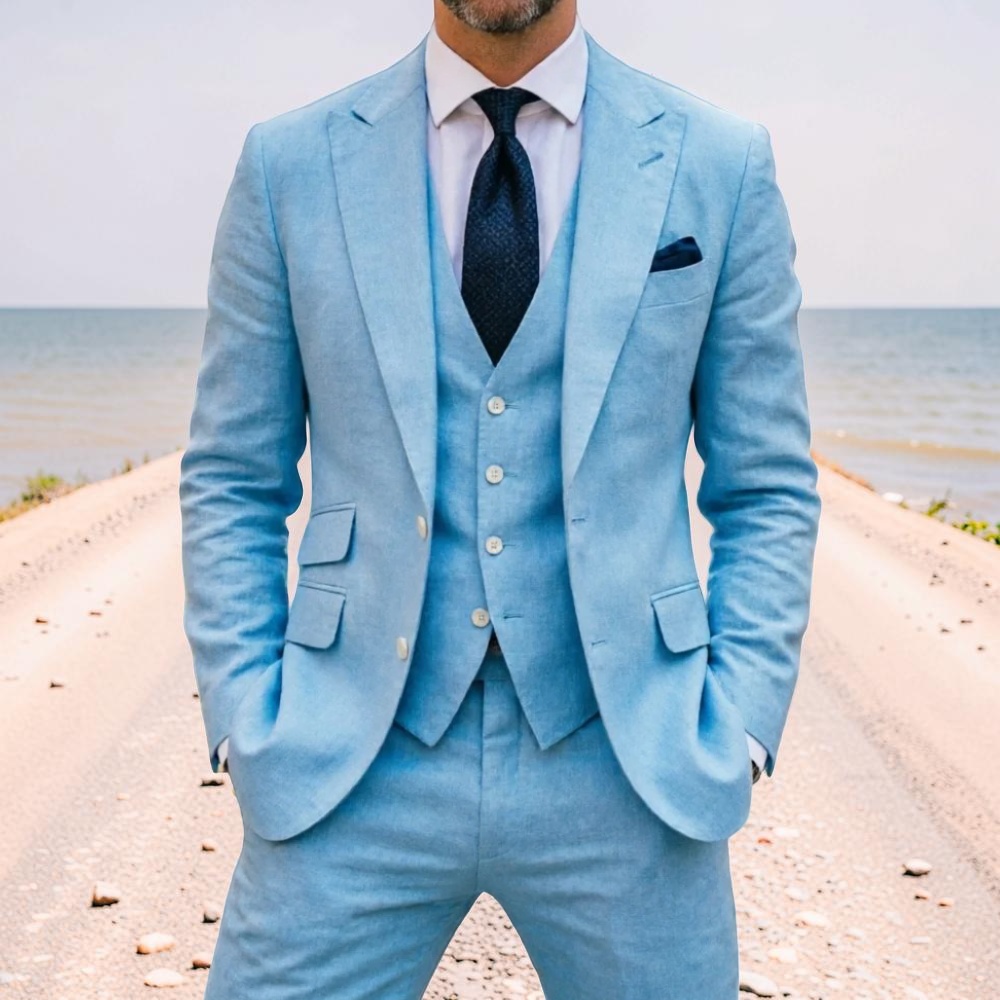Jas Tuxedo Linen Biru Langit 3 - Men Linen Formal Wear ulasan dan harga